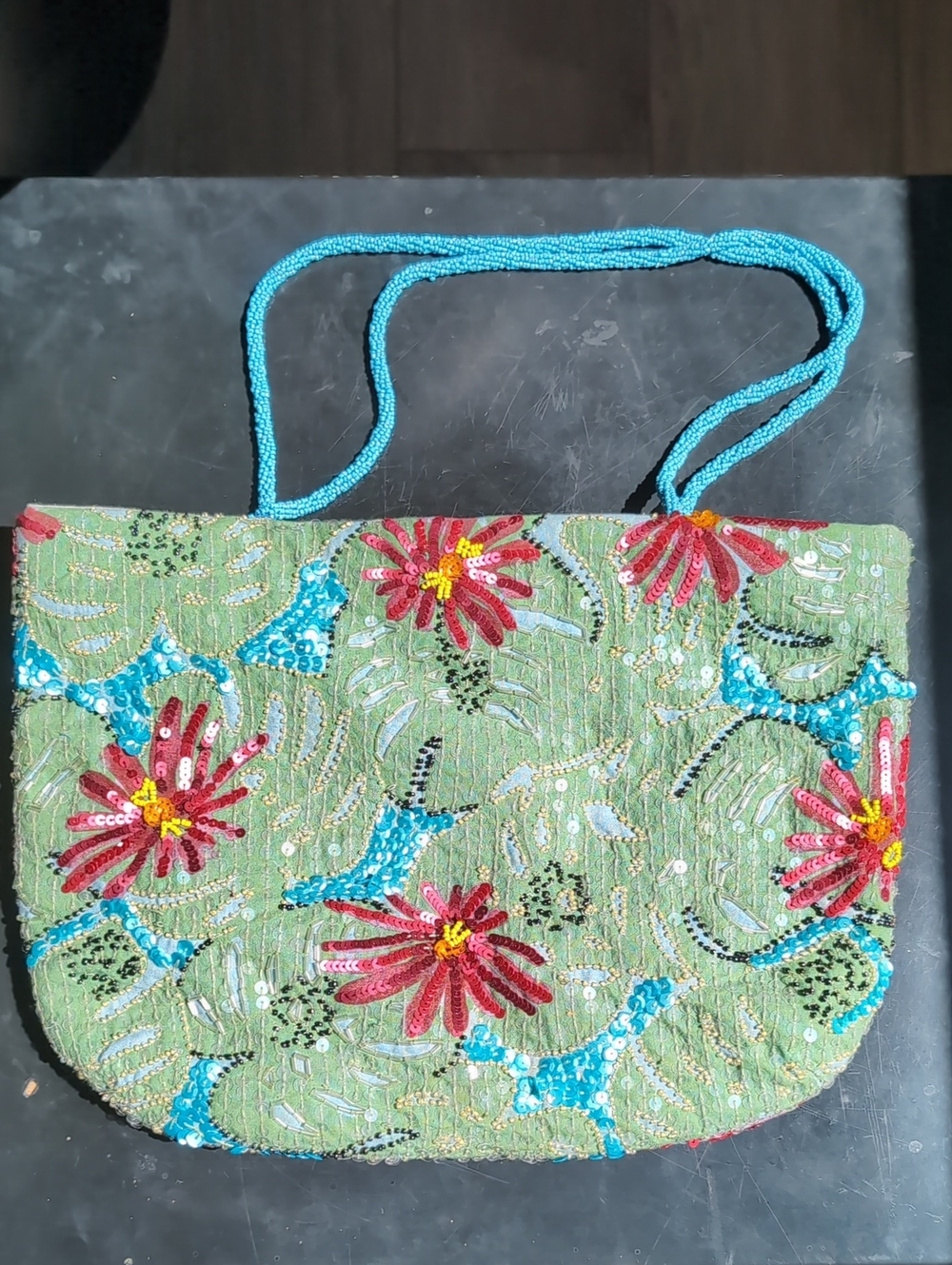 Beaded Floral Green Handbag with Turquoise Handles